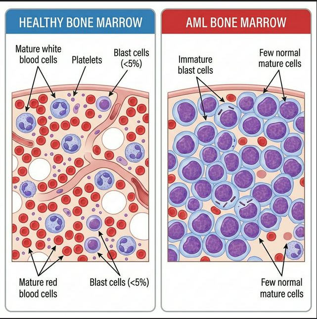 Side-by-side comparison of healthy bone marrow and AML-affected bone marrow showing how leukemic blasts crowd out normal blood cells