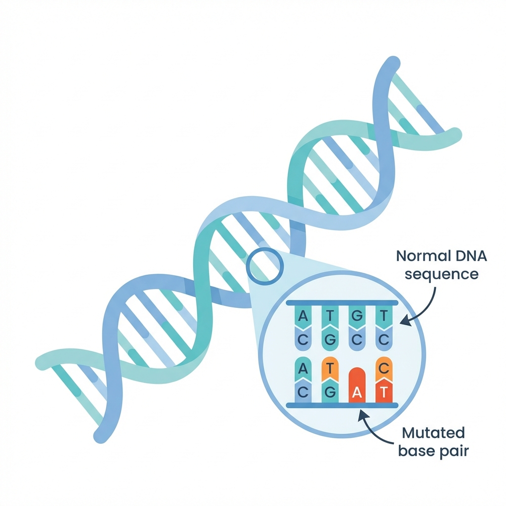 DNA mutation diagram showing normal DNA sequence compared to a mutated base pair, illustrating how a single change in the genetic code can occur