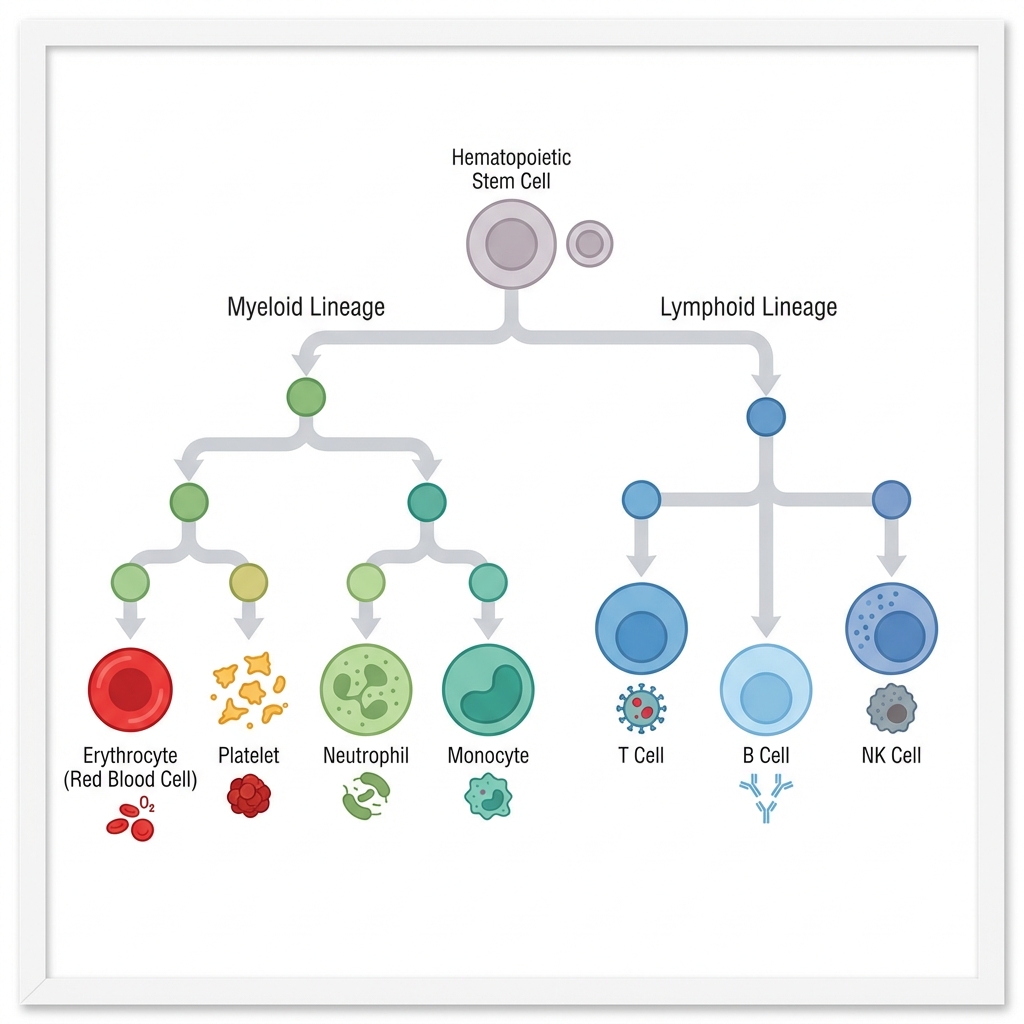 Hematopoiesis diagram showing how stem cells differentiate into myeloid and lymphoid lineages, producing red blood cells, platelets, neutrophils, monocytes, T cells, B cells, and NK cells