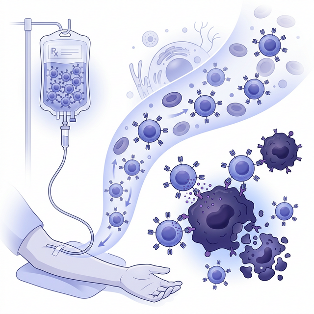 CAR-T cells being infused and attacking cancer